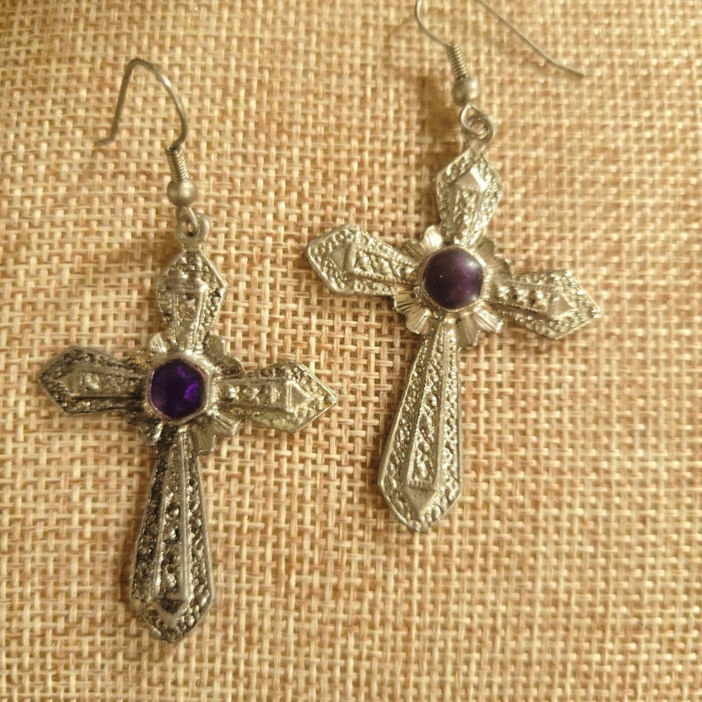 Vintage Silver Tone Purple Stone Cross Dangle Earrings‎ One Size Whimsigoth